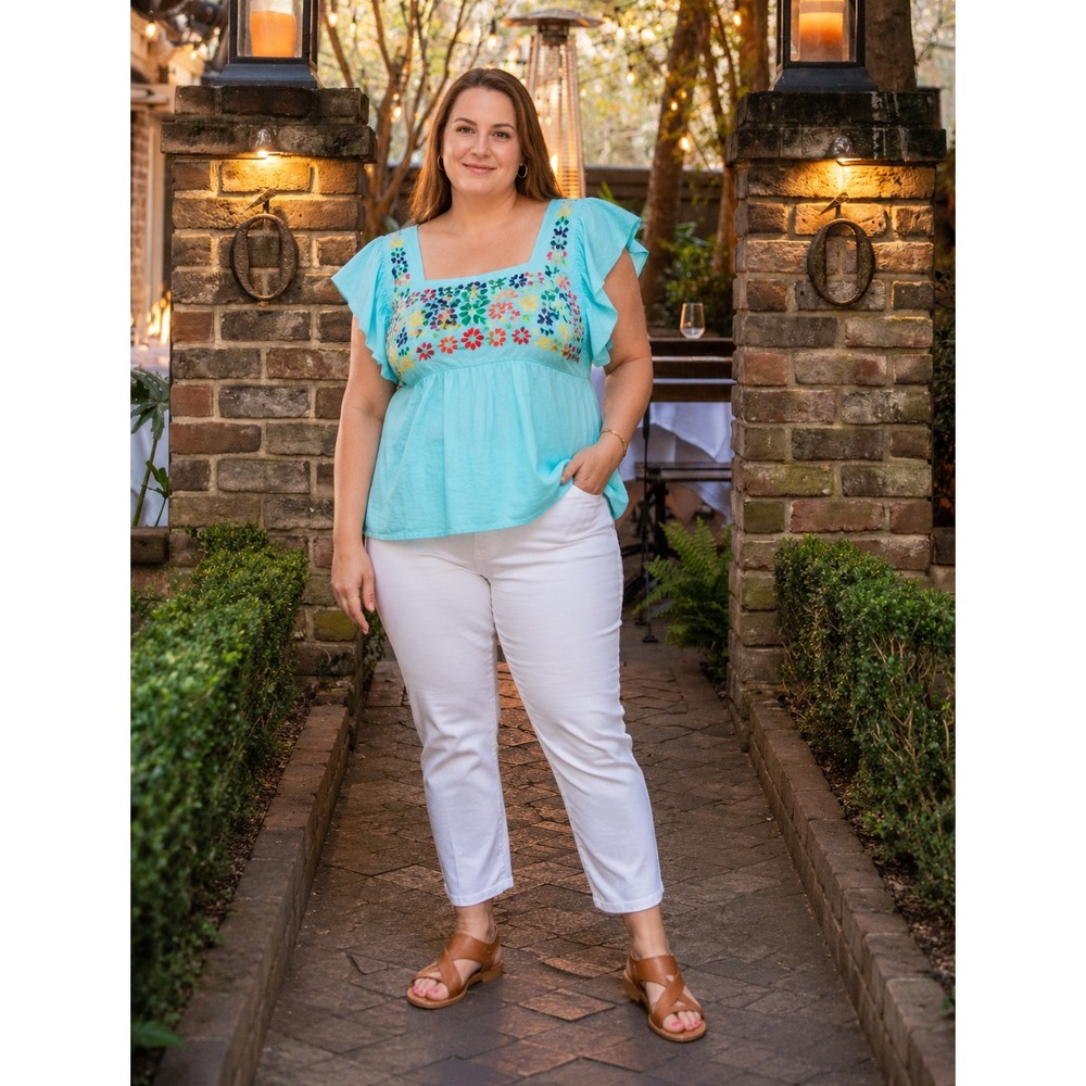 Crown & Ivy Women Aqua Blue Floral Embroidered Flutter Sleeve Top 4X NEW